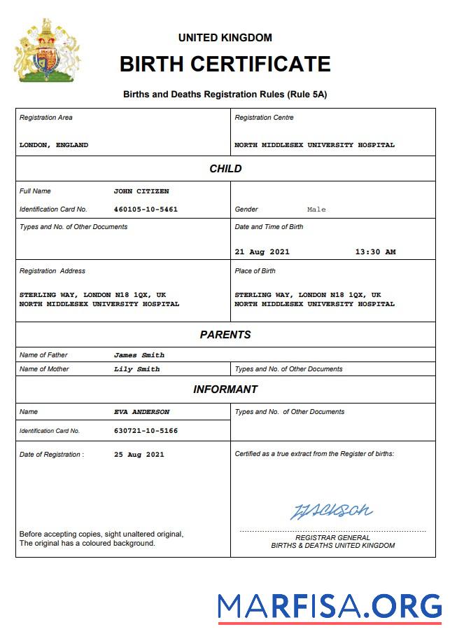 Printable United Kingdom vital record birth certificate Word and PDF template